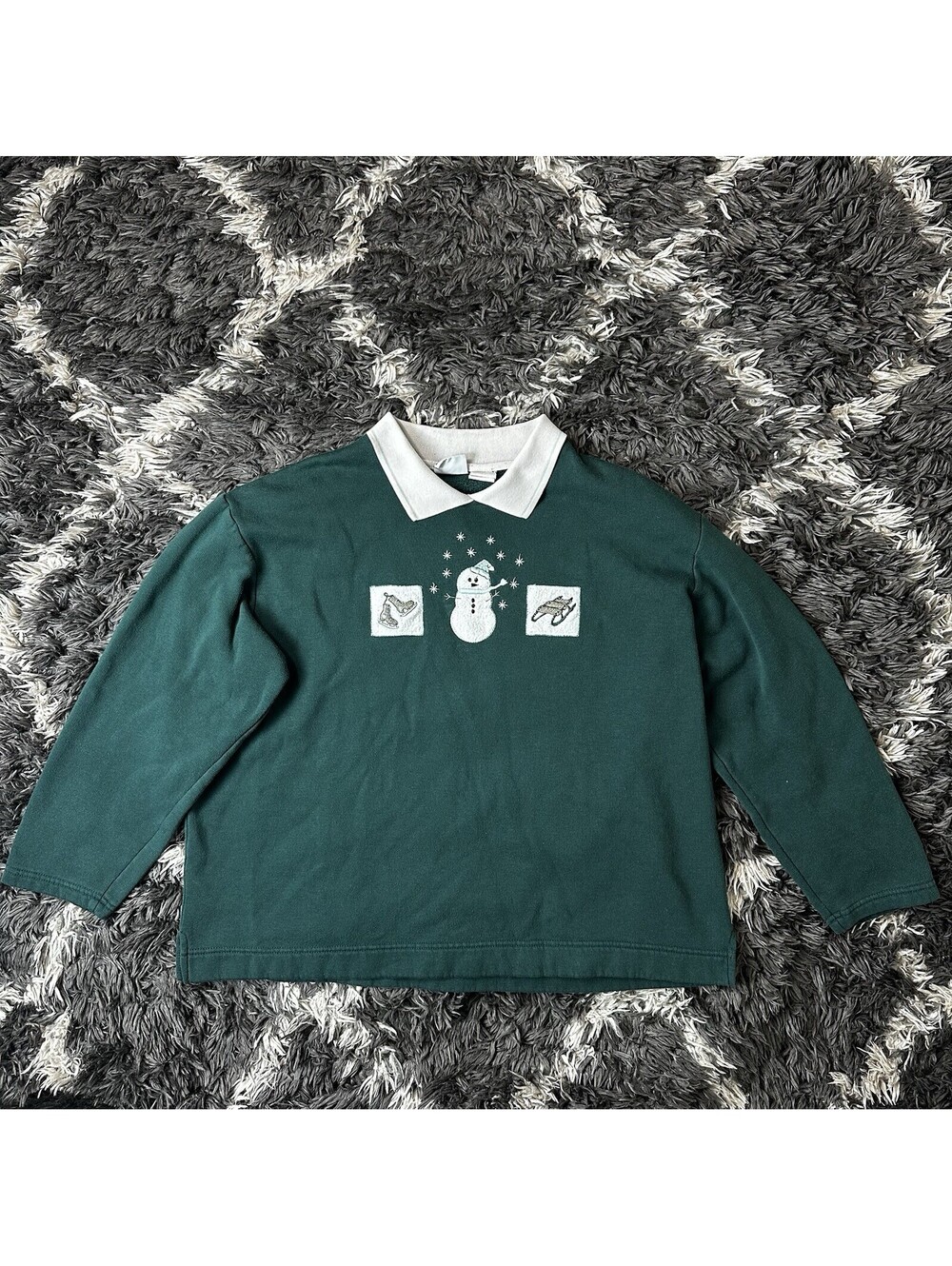Vintage 90s Bobbie Brooks Snowman Collared Sweatshirt Womens XL USA Made Green
